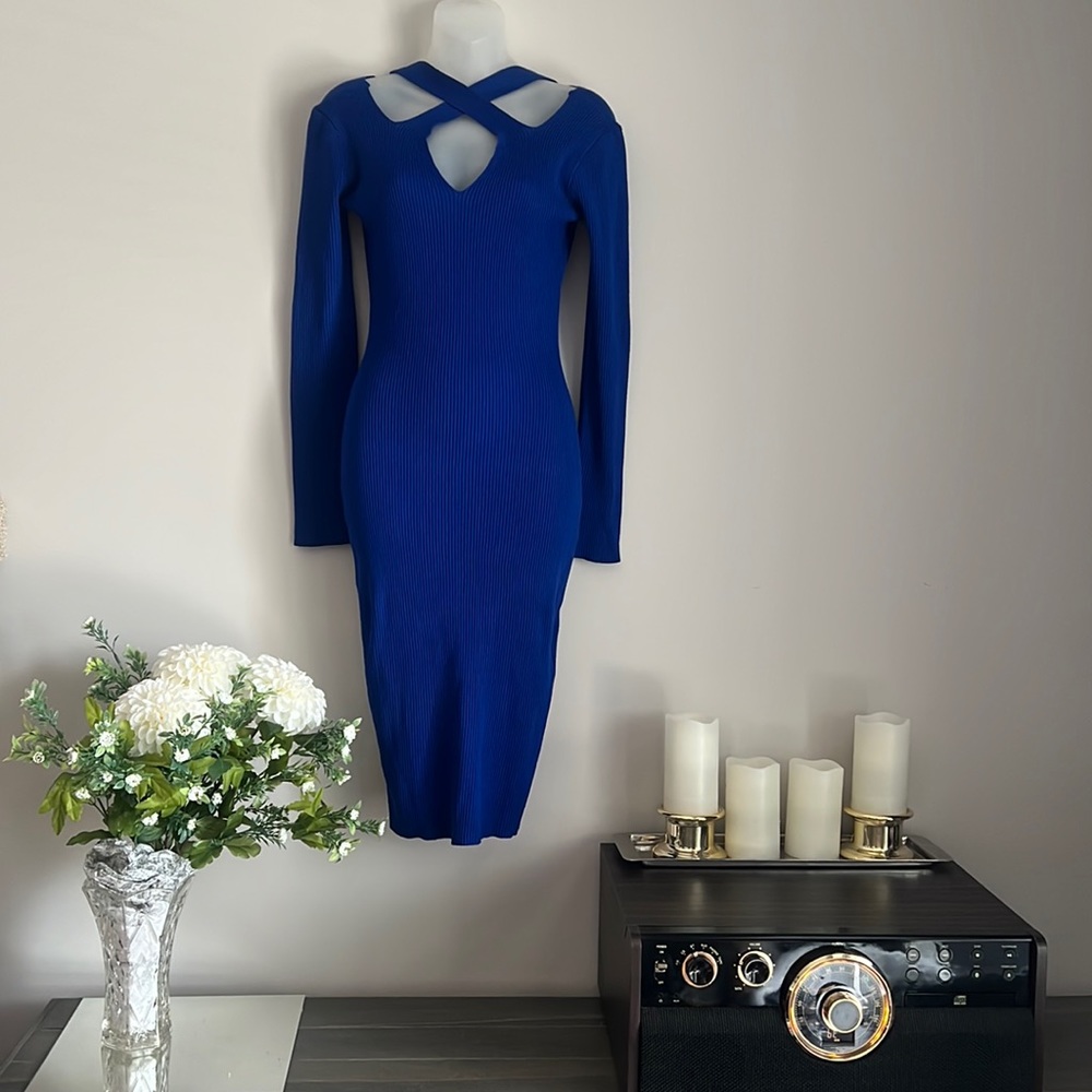 Almost Famous royal blue, strappy, cut-out, super stretchy, midi sweater dress